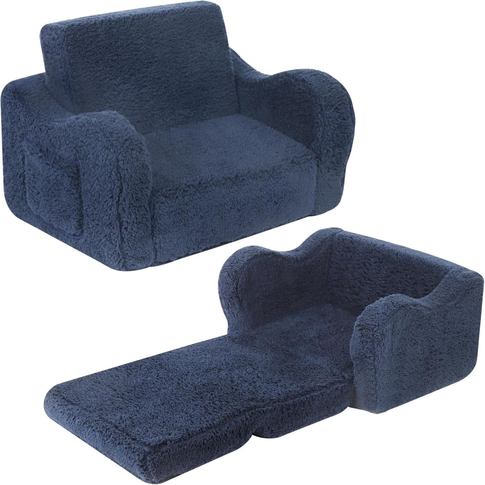 Kids Sofa, 2-in-1 Flip-Out Foam Couch with Soft Sherpa Cover, Cozy Play Lounge Chair, Dark Blue