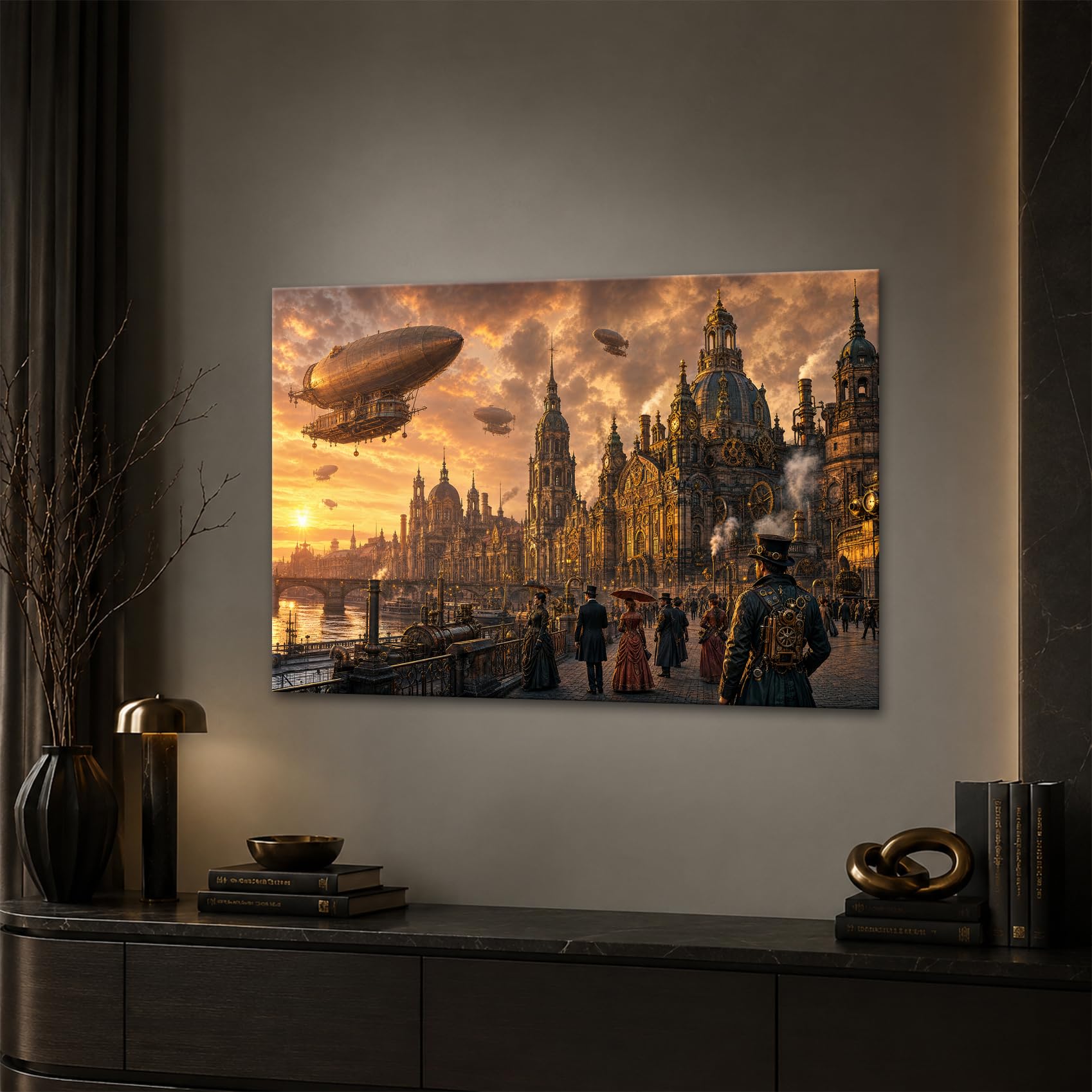 deyoli Obraz na płótnie Steampunk Drezno ze sterowcami 80 x 60 cm kolorowy