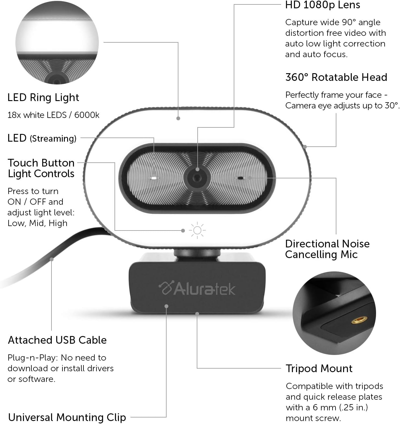 Uр Tо 40% оƒƒ Aluratek 1080p HD Webcam with Ring Light, Auto Focus and Directional Noise Cancelling Mic, Universally Compatible, LED Adjustable Ring Light