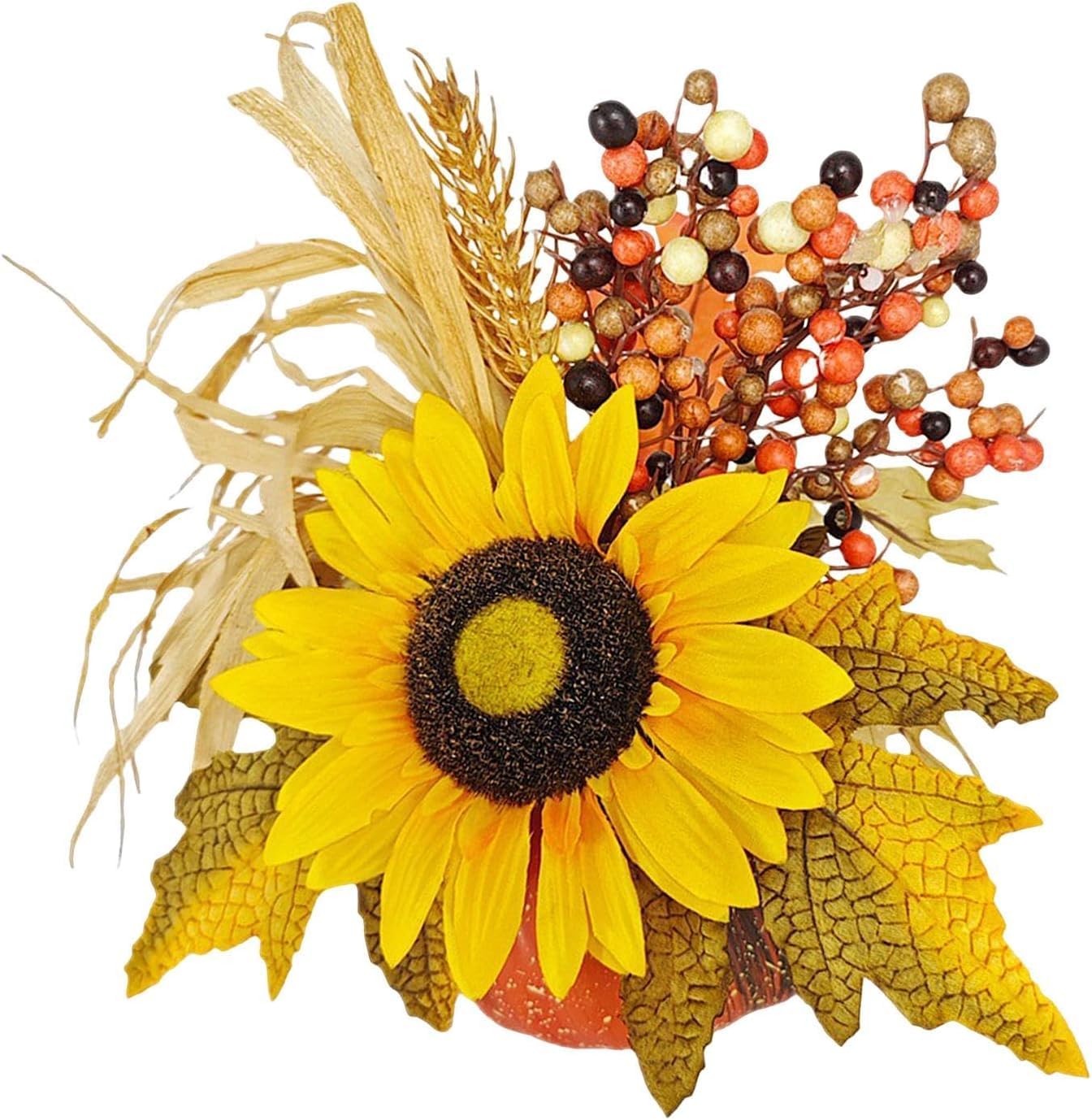 Lindagary Thanksgiving Pumpkin Ornament Artificial Pumpkin with Flowers Fake Pumpkin Desktop Ornament for Thanksgiving Fall Table Decorations