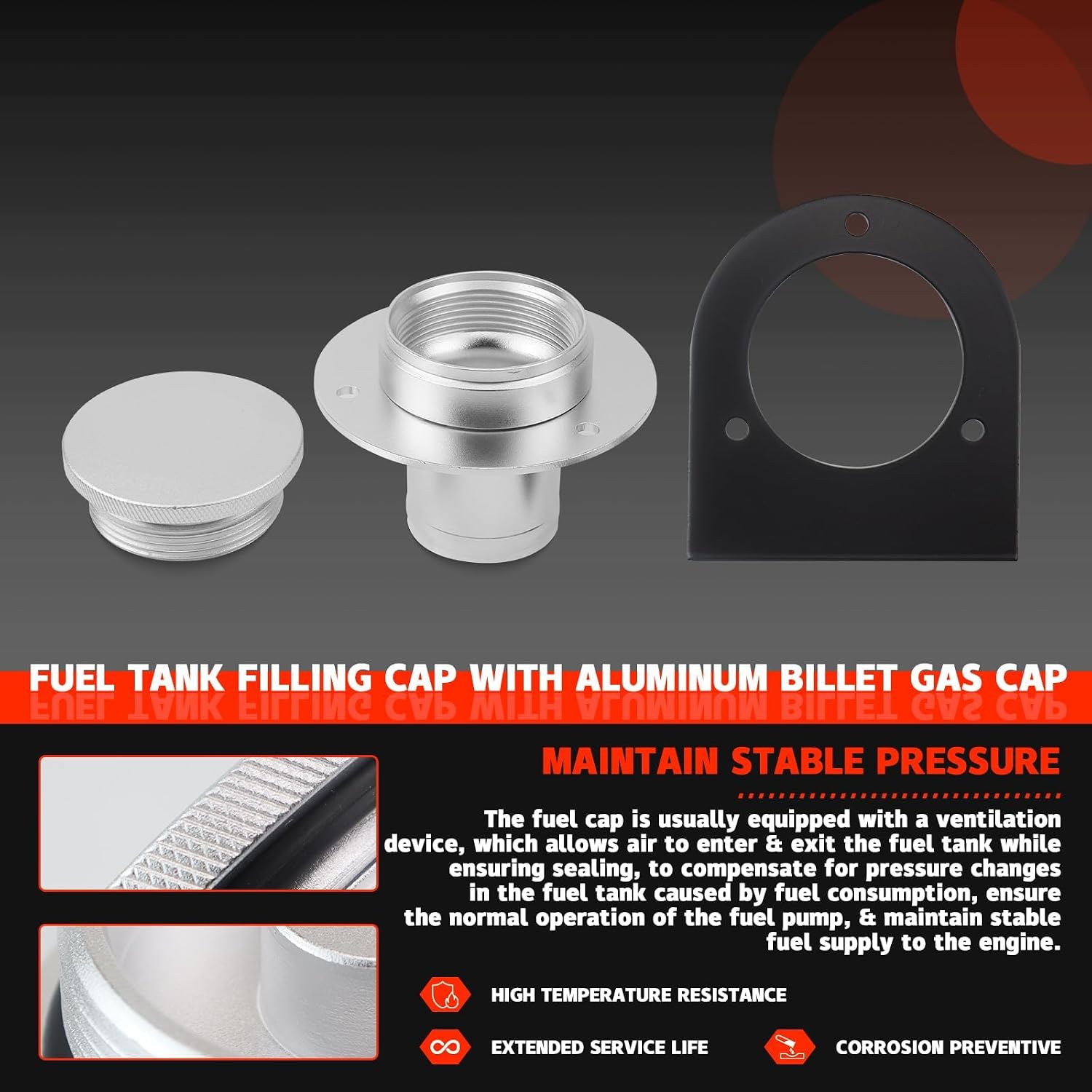 17-2530 Aluminum Remote Fuel Tank Filler Neck Gas Cap & Weld-On Steel Bracket Fits 2-Inch Filler Hose Remote Fuel Cell Filler Straight