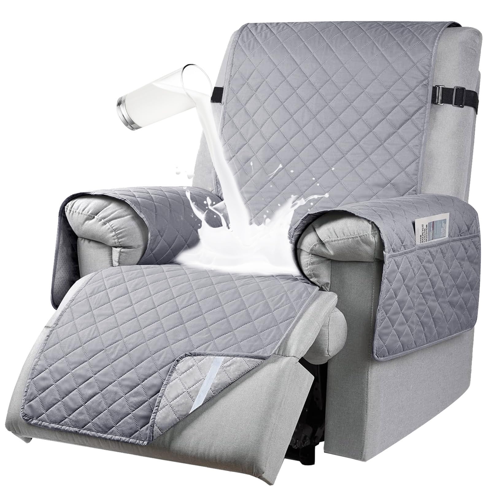 Recliner Chair Cover with 6 Side Pockets, Waterproof 1 Seats Recliner Chair Cover with Adjustable Tightening Straps, Recliner Chair Slipcover for Armchairs, Non-slip Recliner Protect Cover for Pets