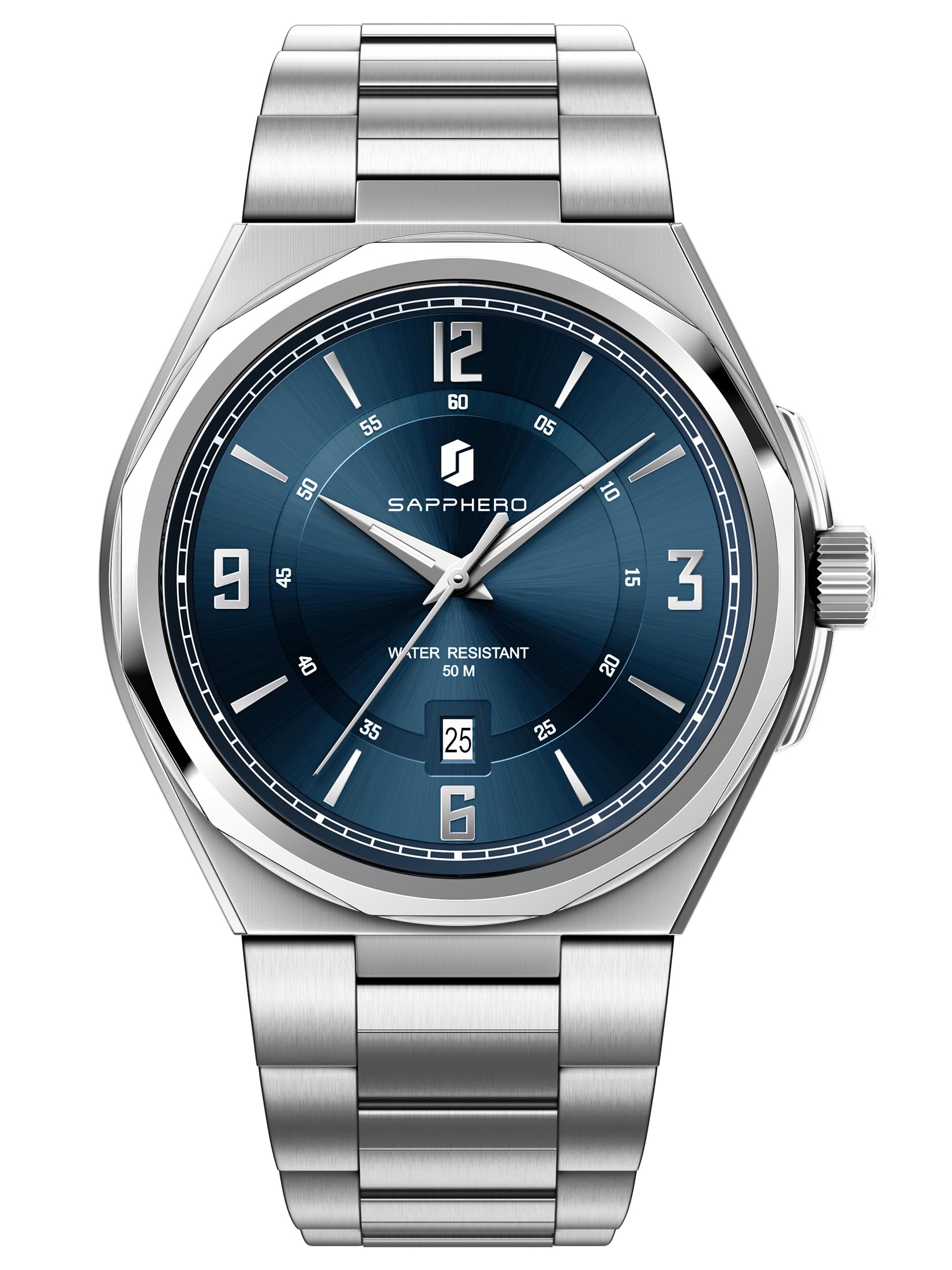SAPPHERO Reloj analógico de cuarzo para hombre, esfera con fecha y números arábigos, resistente al agua 50 m, luminoso, estilo deportivo y corporativo, correa acero inoxidable y cuero, regalo elegante