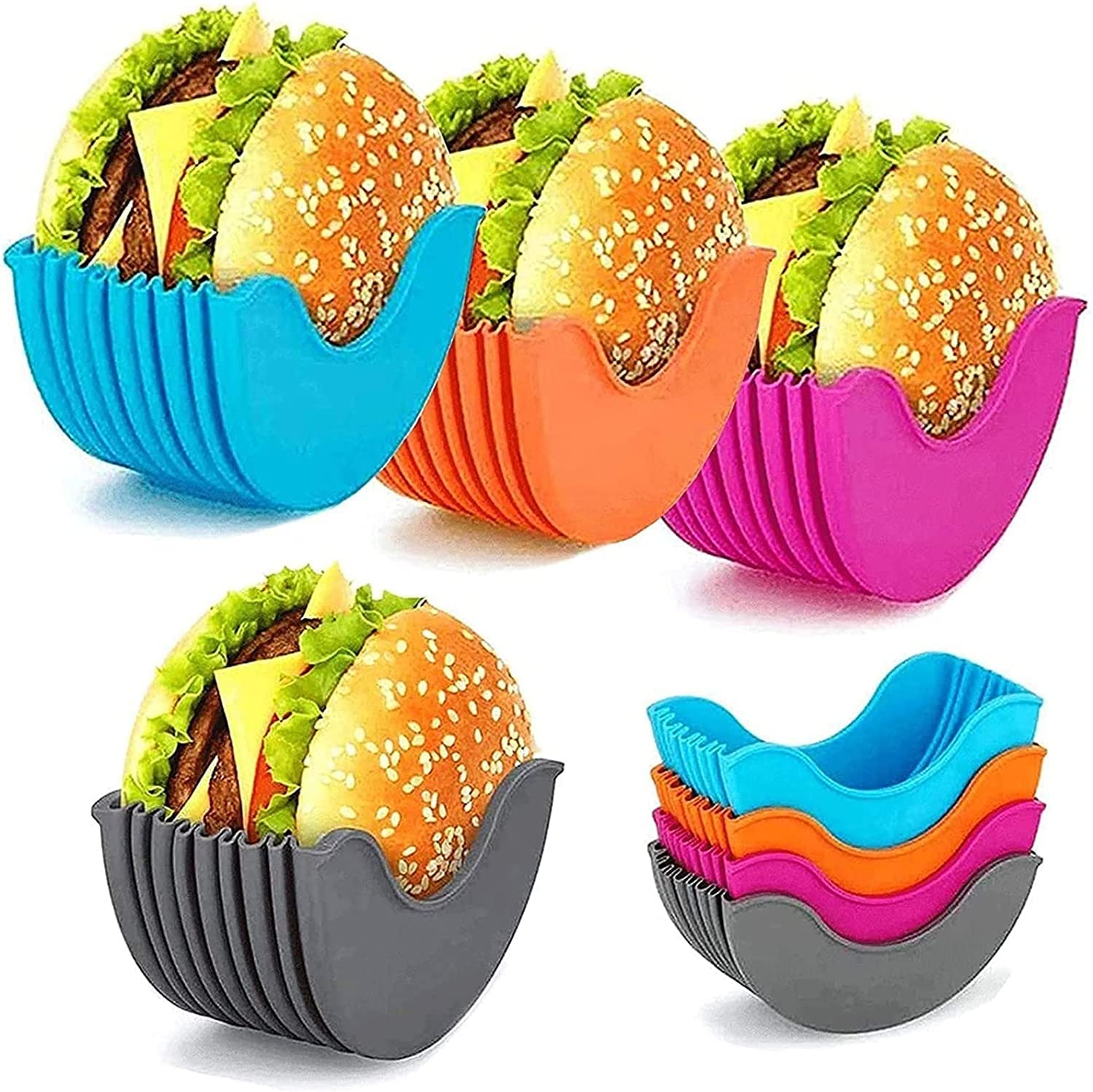 4 x Burger Holders, Reusable Hamburger Bowl, Hamburger Buns Fixed Box, Expandable Burger Holder, Dirt-Free Hamburger Kitchen Tool