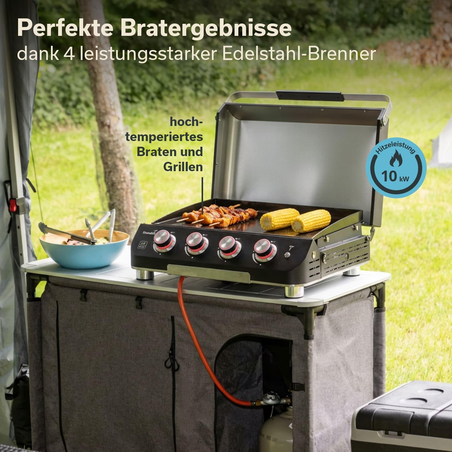 Skandika Plancha à gaz Palo | Plaque de cuisson à 3 ou 4 brûleurs, égouttoir, barbecue à gaz transportable avec plaque plancha | Camping, bbq de table, jardin (4 brûleurs avec couvercle)