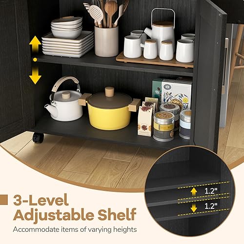 Miniatura 3 de COSTWAY Isla de cocina sobre ruedas, carrito de almacenamiento rodante con gabinete grande, cajón, estante de especias y toallero, utilidad de Negro