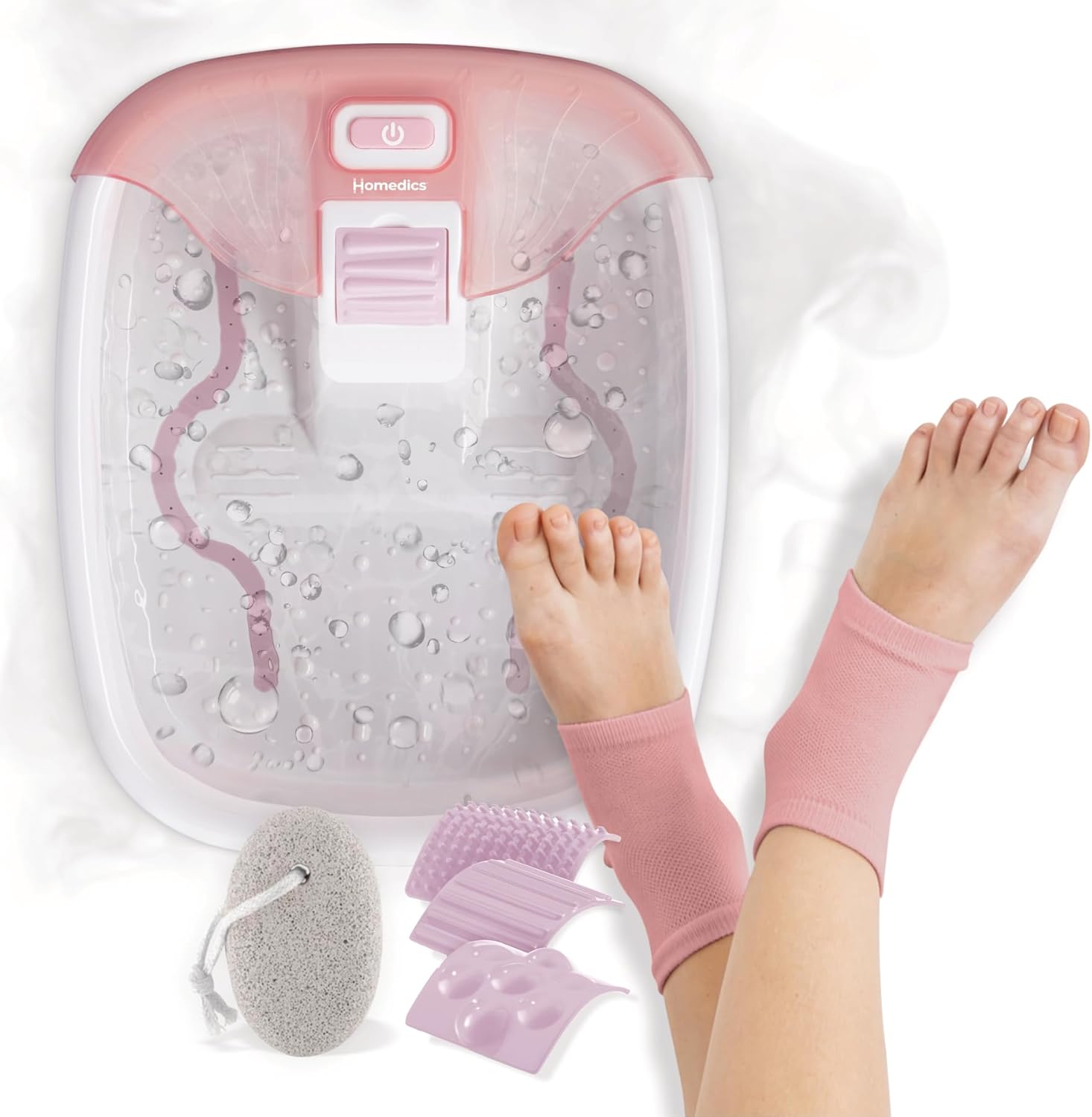 Homedics Bubble Bliss® Deluxe Footbath Gift Set – Heated Foot Spa with Invigorating Bubbles, 3 Massage Attachments, Pumice Stone, Moisturizing Heel Socks & Splash Guard for Ultimate Relaxation
