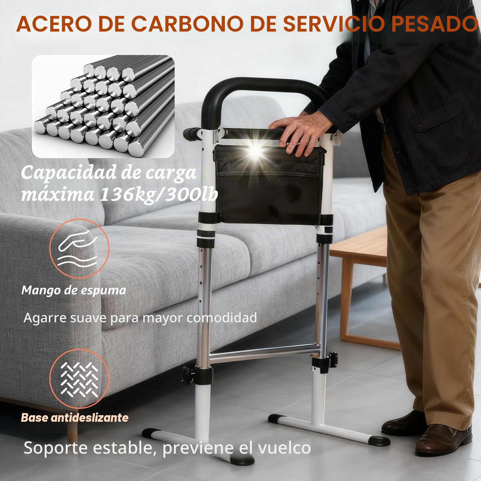 Ayuda para Levantarse y Sentarse, Soporte de Ayuda para Levantarse para Personas Mayores con Luz con Sensor y Bolsa, 5 Niveles Ajustable 75–91cm, Soporta 136 kg, para Inodoro, Sofá, Escaleras