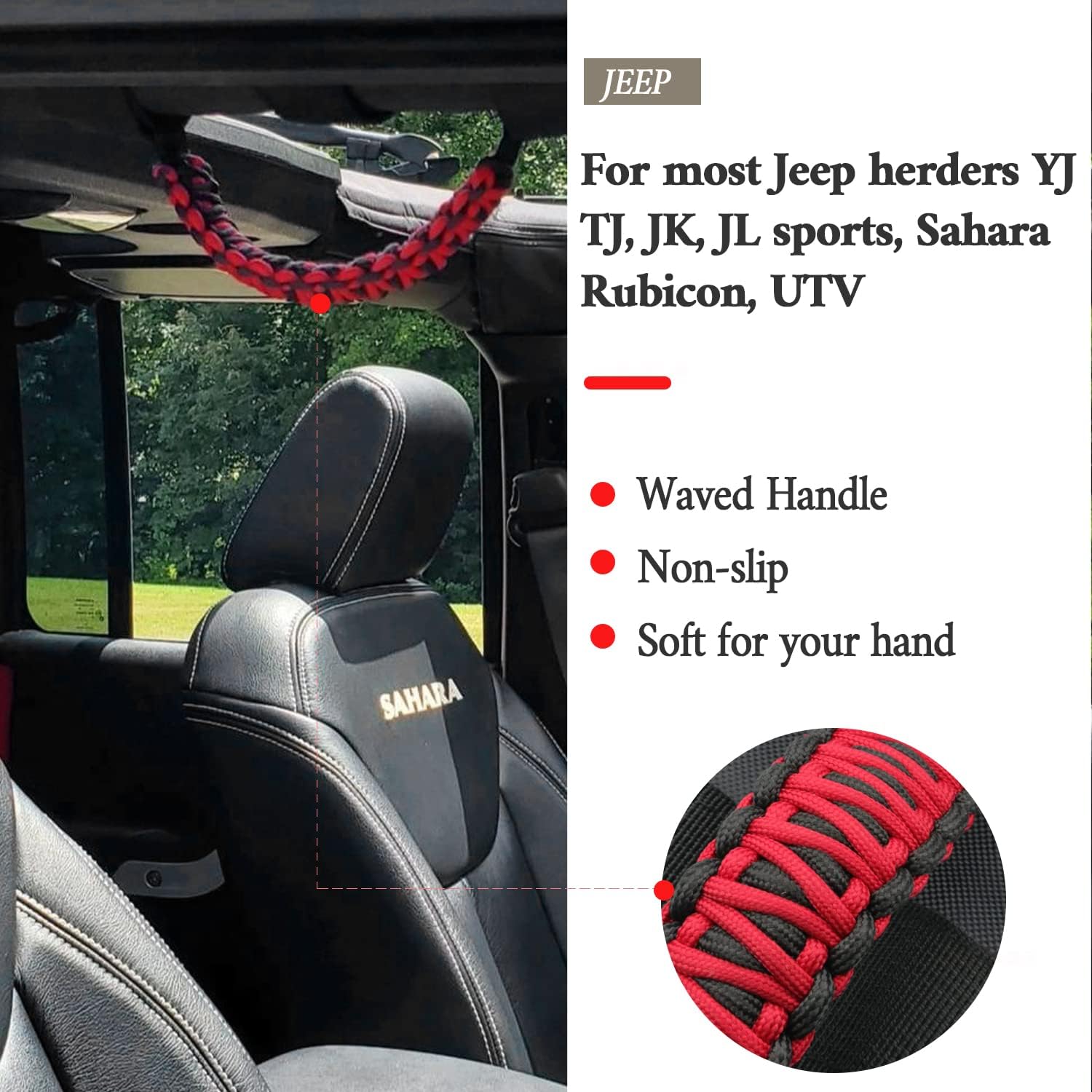 4x Roll Bar Grab Handles Grip Handle for Jeep Wrangler YJ TJ JK JKU JL JLU Sports Sahara Freedom Rubicon Unlimited X Gladiator JT 1955-2022 UTV ATV Paracord Handles Interior Accessories (Red)