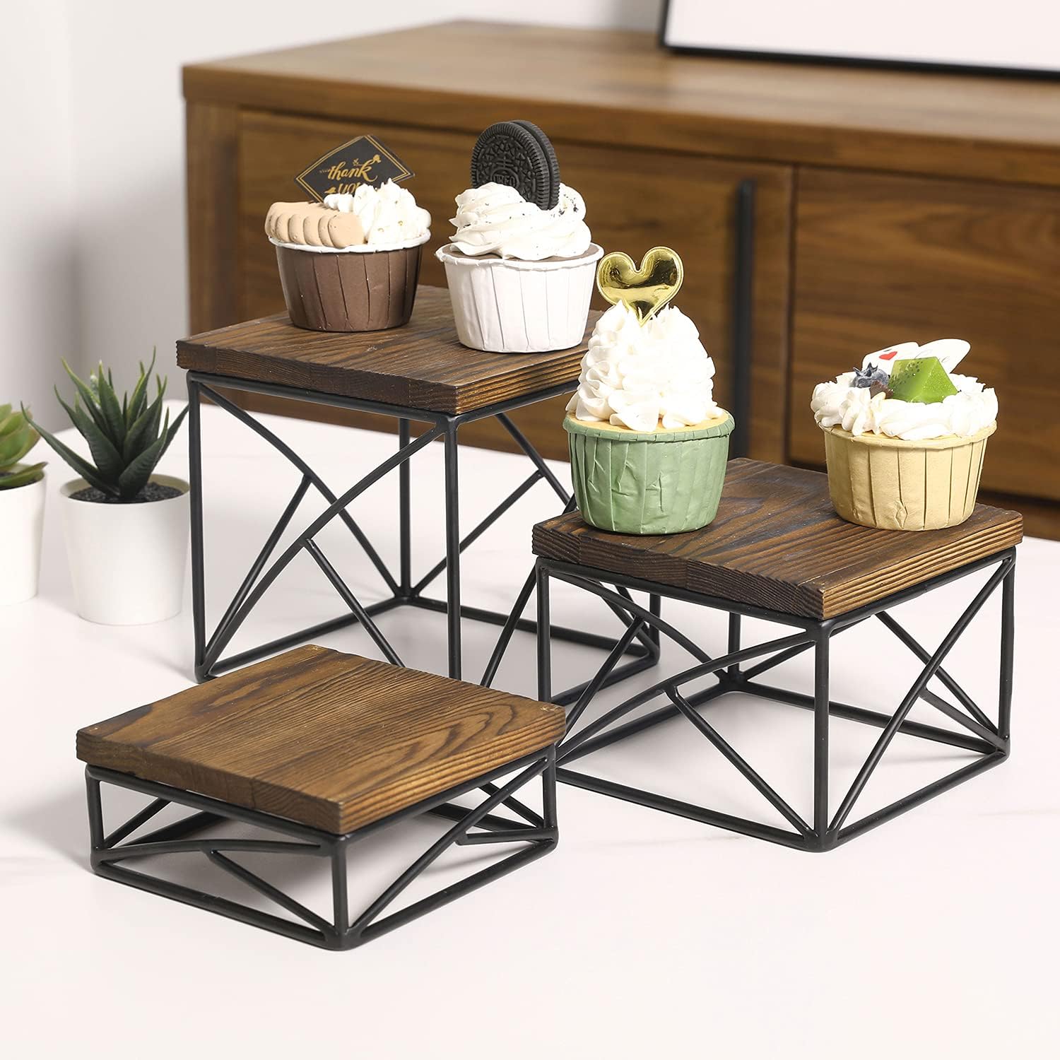 MyGift Modern Tabletop Square Dessert Stand Risers, Cake and Appetizer Display Nesting Pedestals with Rustic Brown Wood Top Shelf and Metal Wire Base, Set of 3