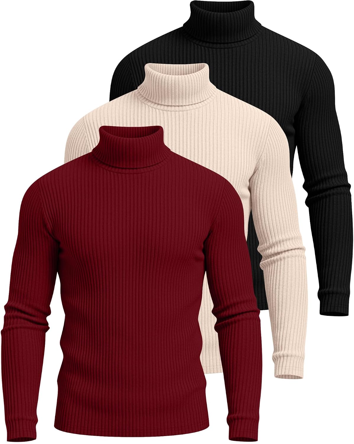 Neer 3 Pack Men's Turtleneck Long Sleeve Shirts Ribbed Sweater Mock Neck Pullover Tops Casual Knit Slim Fit Layer Basic Tee