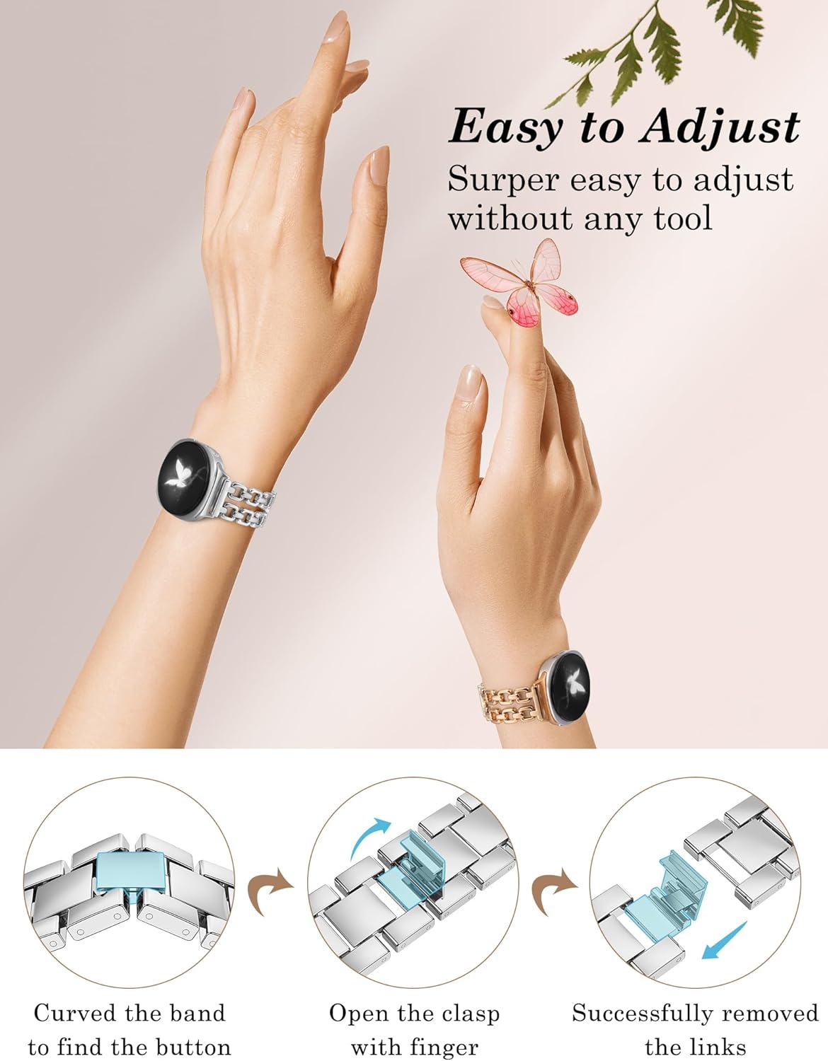 Wearlizer Metal Bands Compatible with Samsung Galaxy Watch 8 Band 40mm 44mm/Watch 8 Classic 46mm, No Gap Dressy Stainless Steel Chain Strap Wristbands Accessories for Women - Image 3