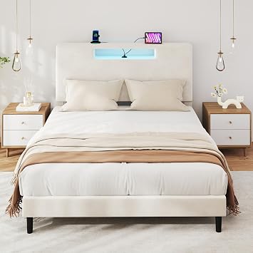 EVLIQUIL Queen Upholstered Bed Frame with LED Lights and Charging Ports, Super Large Velvet Headboard, Low Noise Mattress Foundation with Thickened Wood Slats, No Box Spring Needed BedBeige