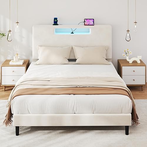 Queen Upholstered Bed Frame with LED Lights and Charging Ports, Super Large Velvet Headboard, Low Noise Mattress Foundation with Thickened Wood Slats, No Box Spring Needed Bed(Beige)