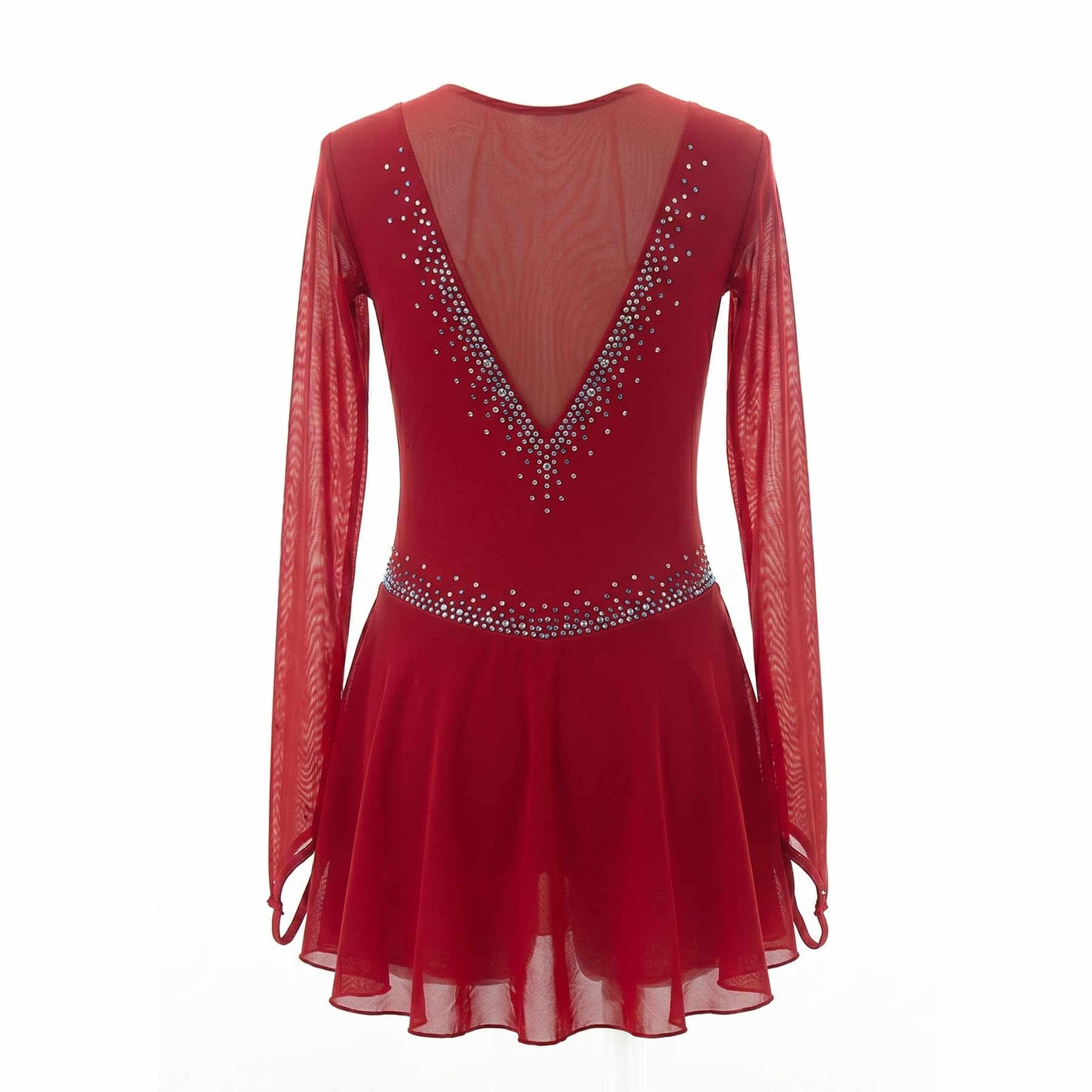 Abito da Pattinaggio Artistico Borgogna a Maniche Lunghe Vestito Pattinaggio sul Ghiaccio Gara con Strass Brillanti Body Danza Competizione Personalizzato