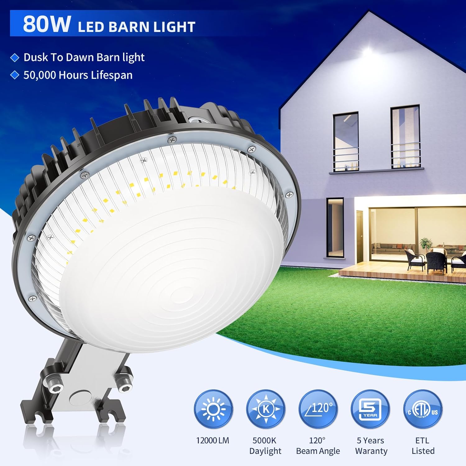 80W LED Barn Light 12000LM with Dusk to Dawn Photocell, ETL Listed, 5000K Daylight Yard LED Area Light, IP65 Waterproof Security Light Outdoor for Farmhouse/Garage/Yard, AC100-277V