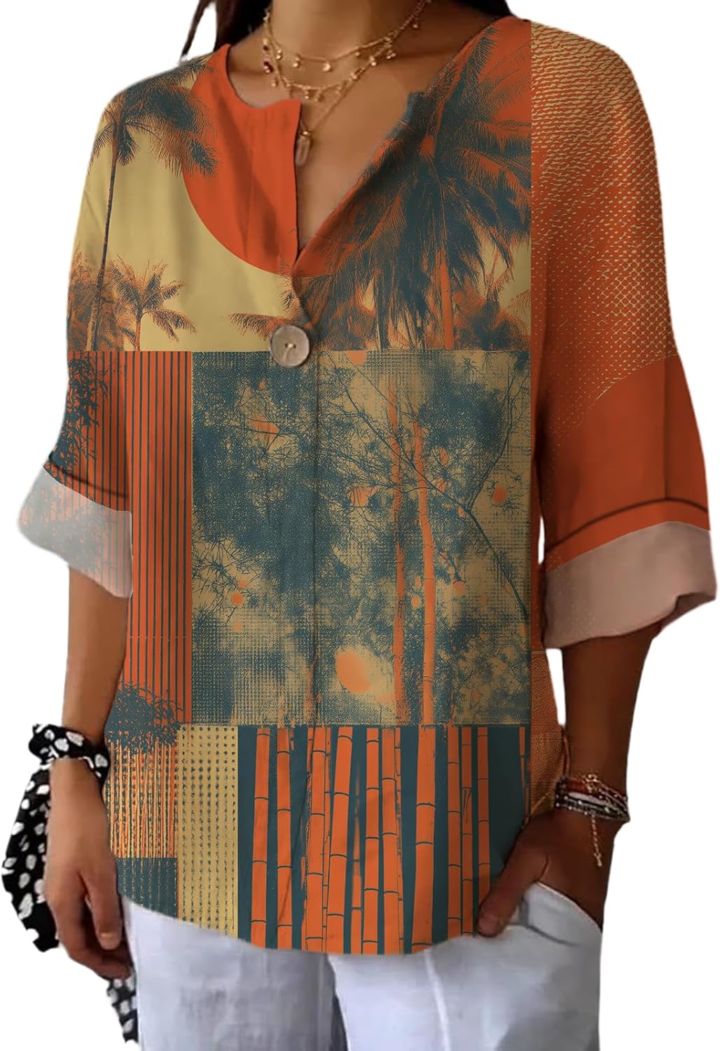 Oversized T Shirts for Women Floral Graphic Three-Quarter Sleeve V Neck Flowing Button Down Blouse Trendy Clothes