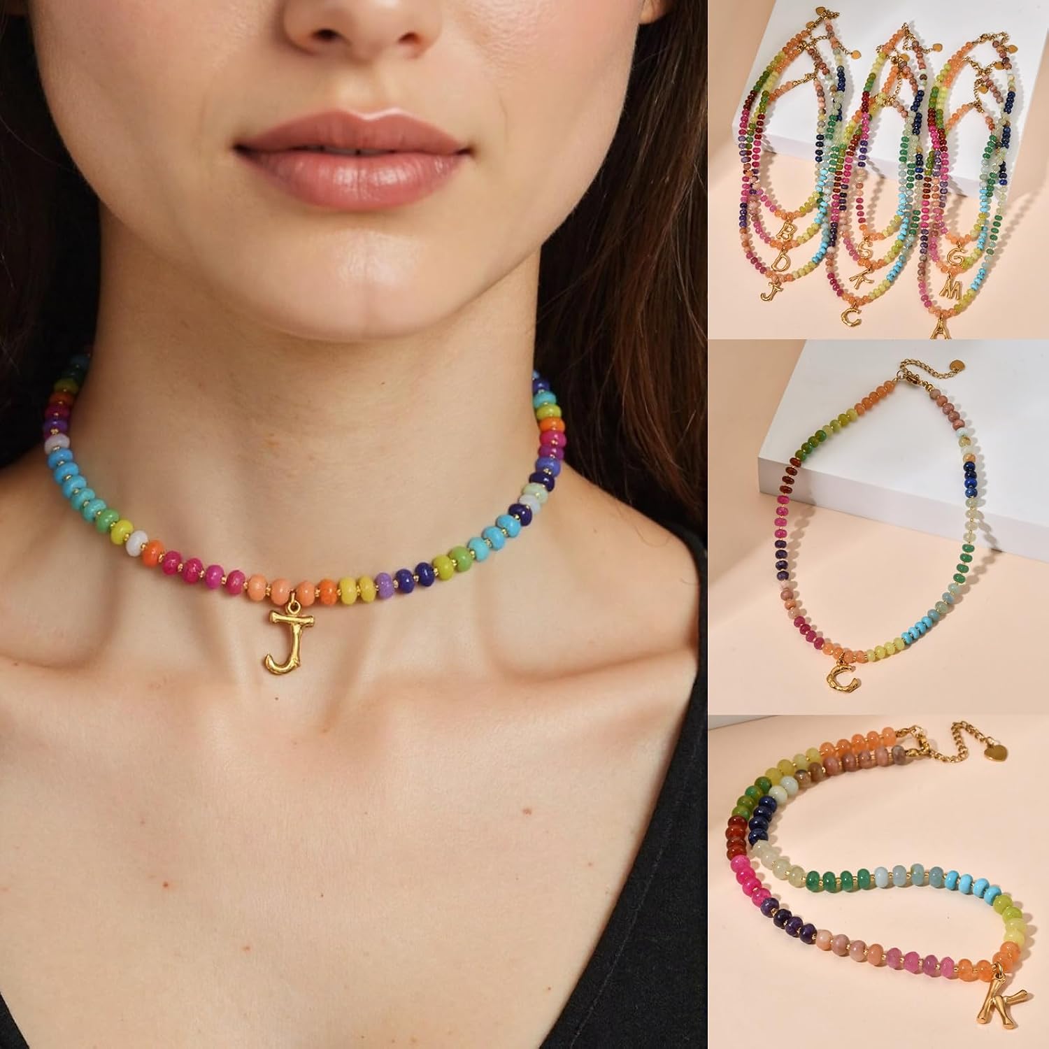 Colorful Beaded Initial Necklaces for Women Handmade Nature Gemstone with Bubble Letter Necklace Boho Beaded Necklace Colorful Stone Letter Choker