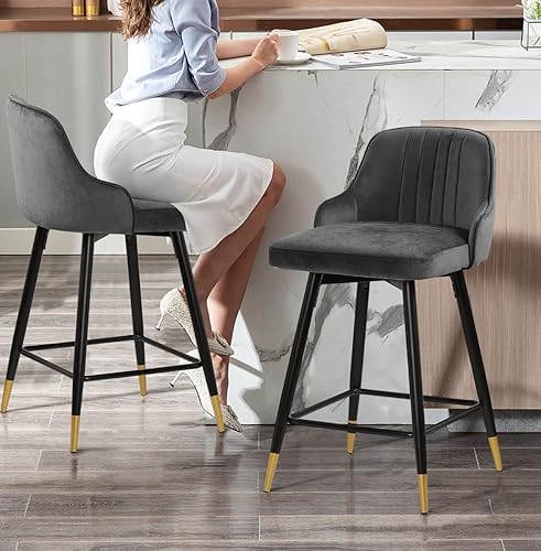 Miniatura 5 de Bekrvio Juego de 4 taburetes de bar, taburetes de bar giratorios de altura de mostrador con respaldo, taburetes de bar tapizados de terciopelo gris,