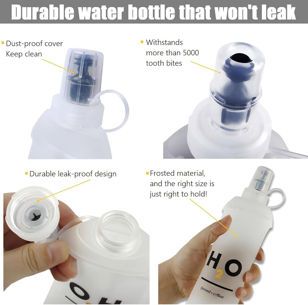 500ml Collapsible Soft Flask Water Bottle for Running with Hang Dry Metal Hook & Dust Cap, BPA Free TPU Leakproof Bite Valve Hydration Bottle, Ultra Lightweight Foldable(1pack 500ml17oz)
