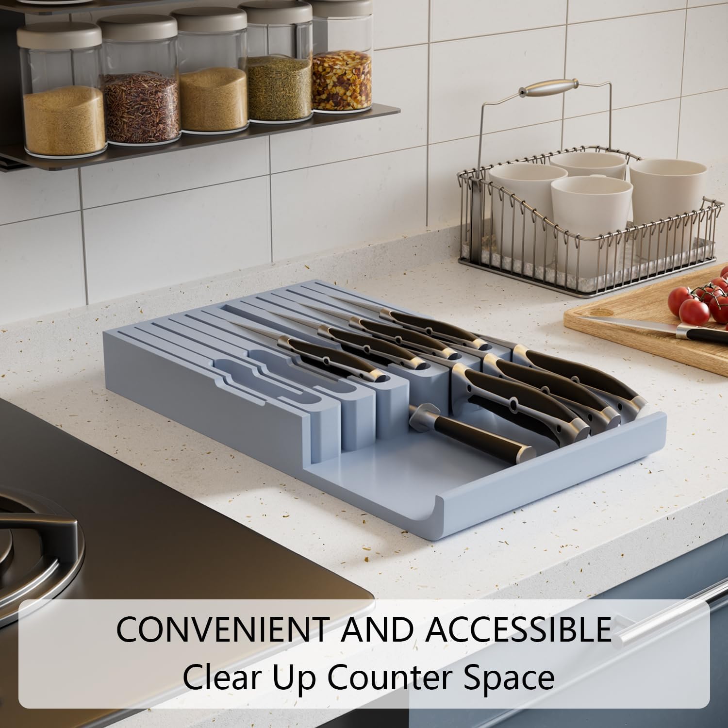 Domax Bamboo In-Drawer Knife Block Kitchen Knife Organizer Insert for 12 Knives and 1 Sharpening Steel(Not Included), Steak Knife Holder, Gray