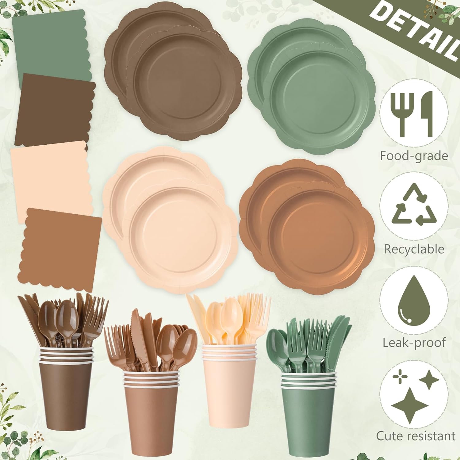 Ceenna 390 Pcs Woodland Baby Shower Decorations for 48 Guests, Sage Green and Brown Neutral Forest Theme Paper Plates Napkins Cups Tablecloth Cutlery for Birthday Wedding Baby Shower Party