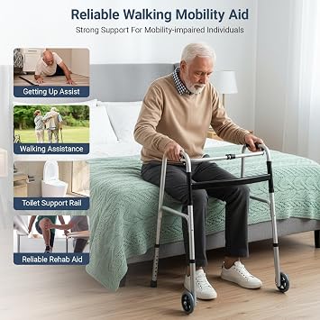 Folding Aluminium Walking Frame with 2 Wheels Lightweight Zimmer Walker Adjustable Height One-Button Fold Mobility Aid