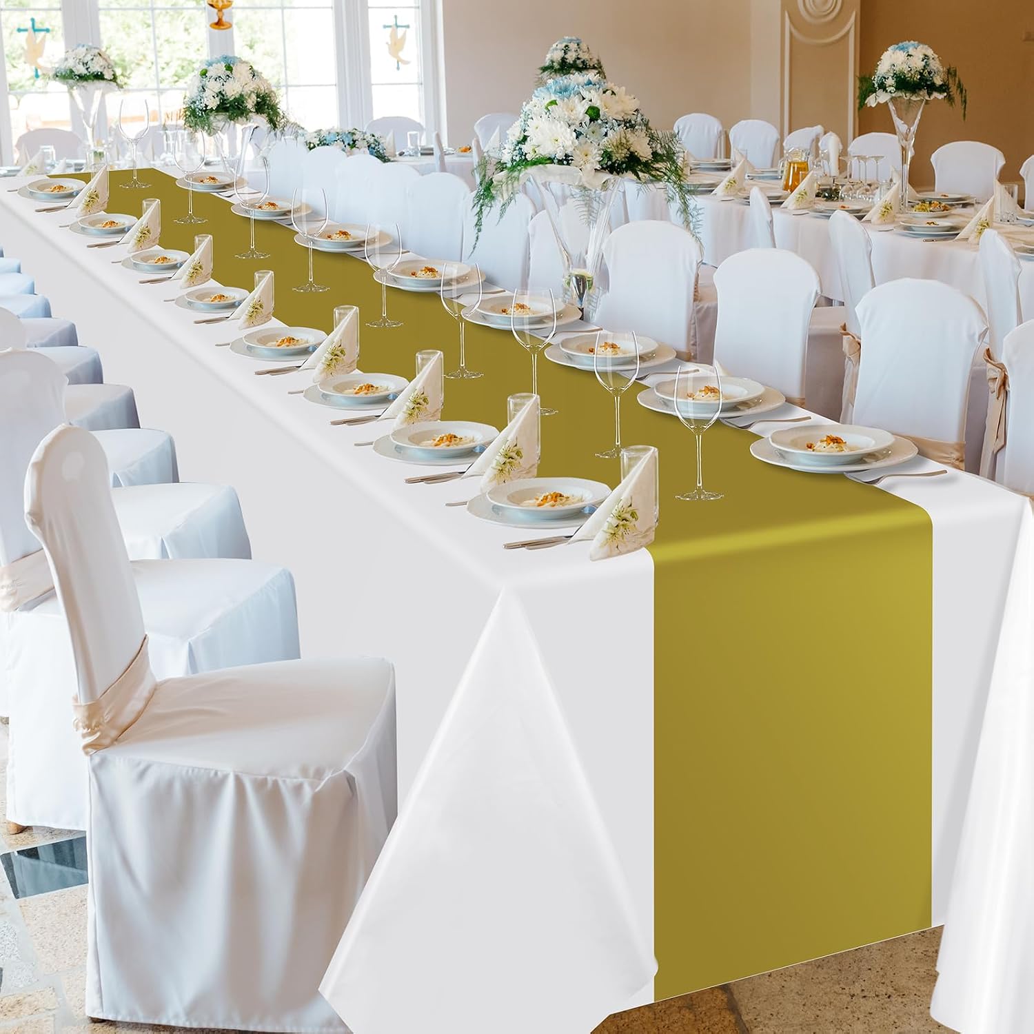 Oudain 6 Pcs Disposable Plastic Tablecloths 54" x 108" for Rectangle Tables Cloths Waterproof Table Cover for Baby Shower Wedding Birthdays Graduation Decoration (Gold,White)