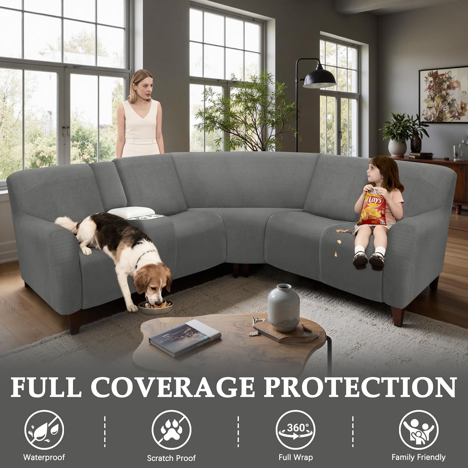 Waterproof Reclining Sectional Couch Covers Washable L Shaped Couch Cover for Sectionals Recliner Sofa Covers Stretch Corner Recliner Slipcovers(5 Seater 1 Console Cover, Dark Gray)