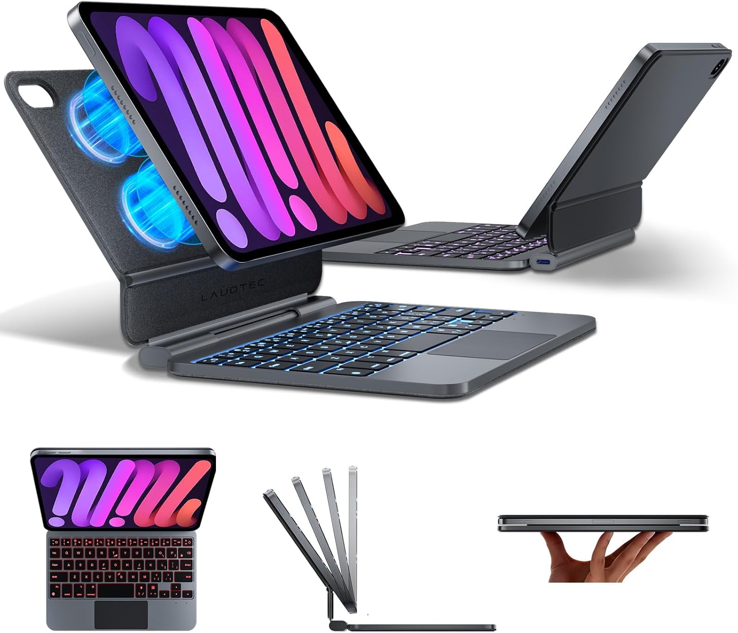 LAUDTEC Magnetic Keyboard Case Compatible with iPad mini 7th Gen (A17 Pro, 2024) & for iPad mini 6 (2021) 8.3-inch, Ultra-Light Floating Cantilever Stand, Smart Trackpad, 5-Row Backlit - Black