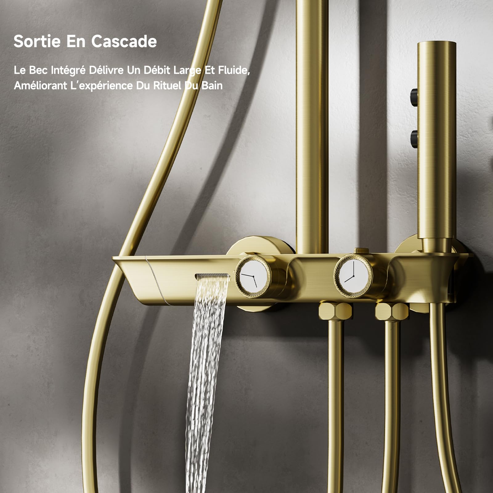Colonne de douche, colonne de douche thermostatique en or brossé | Ensemble de colonne douche 4-en-1, grande pomme de douche à effet pluie 320 × 220 mm, douche à effet pluie avec accessoires