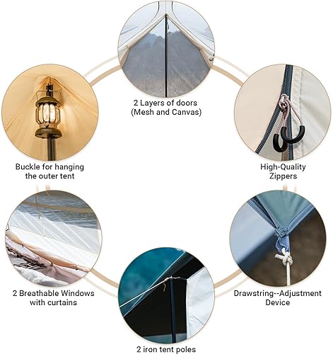 Miniatura 5 de KingCamp Tienda de campaña de lona con ventanas grandes, tiendas de campaña impermeables y transpirables de 34 estaciones, tienda de campaña