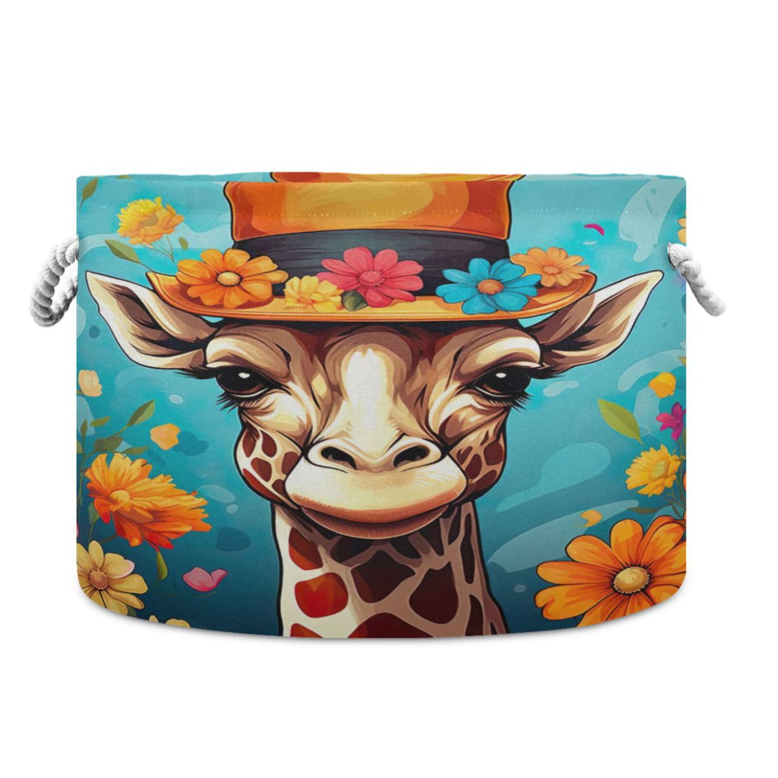 Round Cute Giraffe Flower Storage Basket Large Organizer Bin Laundry Hamper Toy Storage Basket with Handle for Nursery Clothes Toys 202b4195