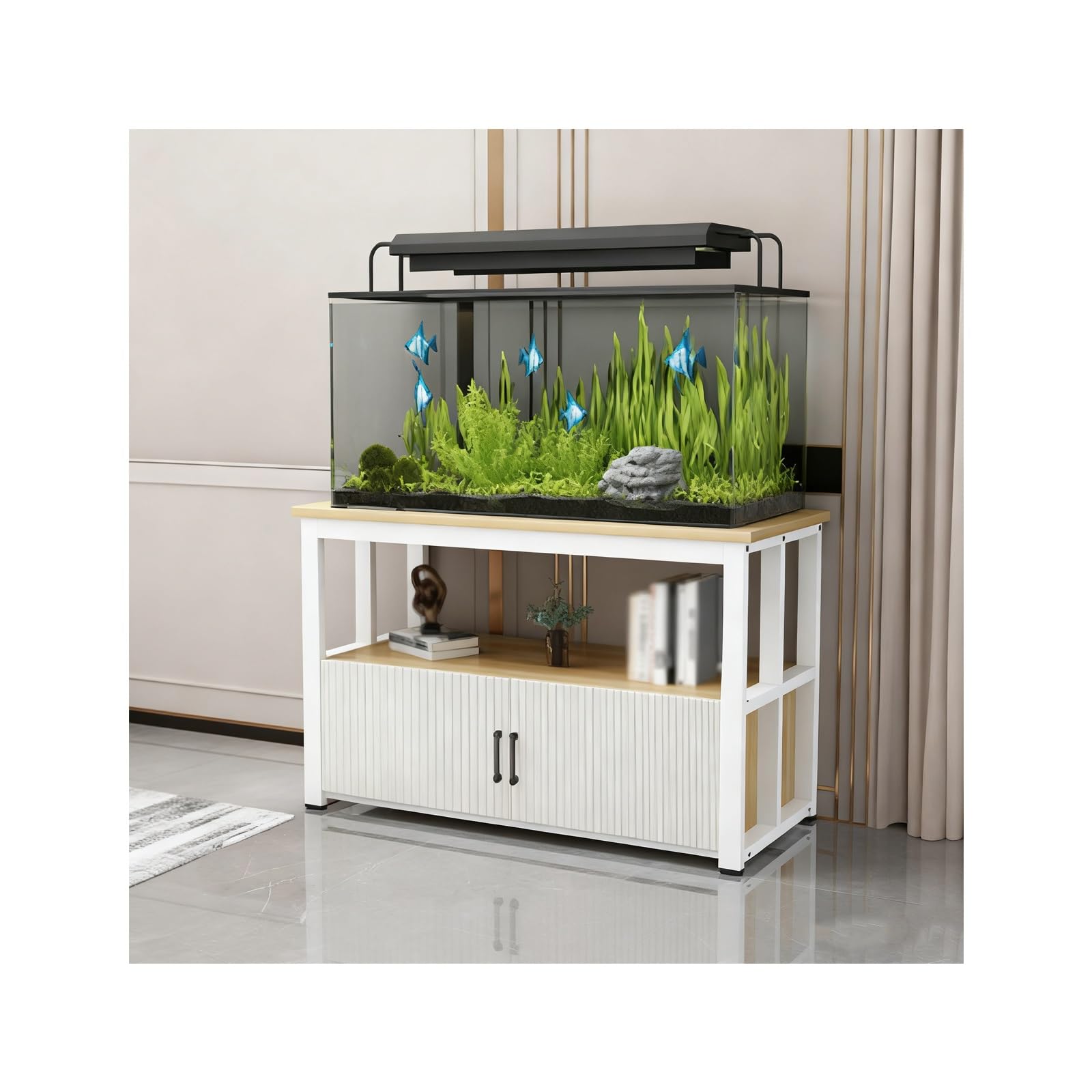 Gabinete de rium negro y combo de metal, varios niveles para pecera, diseño moderno para sala de estar y oficina, nogal claro blanco, 65 x 40 cm