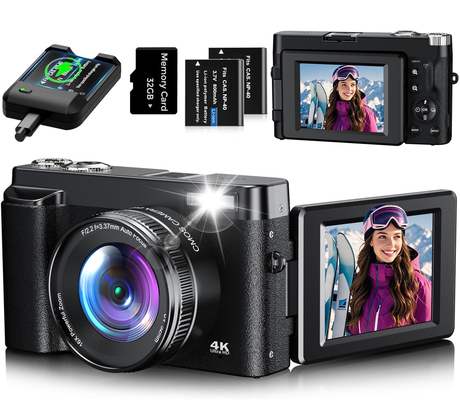Macchina Fotografica 4K 48MP Autofocus Fotocamera Digitale con Zoom 16X, Schermo Flip 180° Fotocamera Compatta con scheda di Memoria da 32G, Stazione di Ricarica, 2 Batterie per Principianti（Nero）