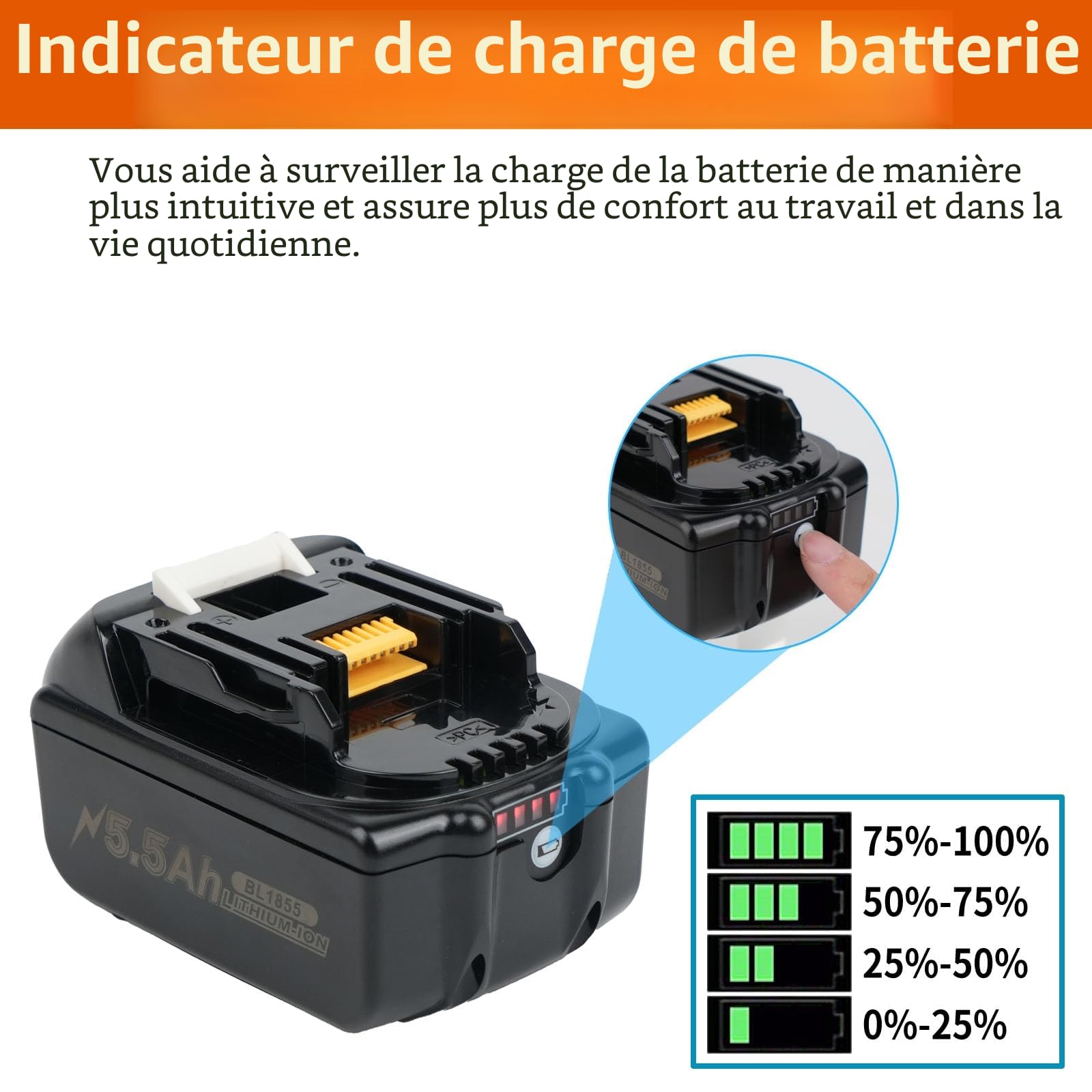 5,5 Ah Batterie de remplacement pour akkus Makita 18V avec chargeur DC18RC Compatible avec BL1860 BL1860B BL1850 BL1850B BL1840 BL1840B BL1830 BL1830B BL1815 BL1825 BL1835 BL1845 194205-3 194309-1