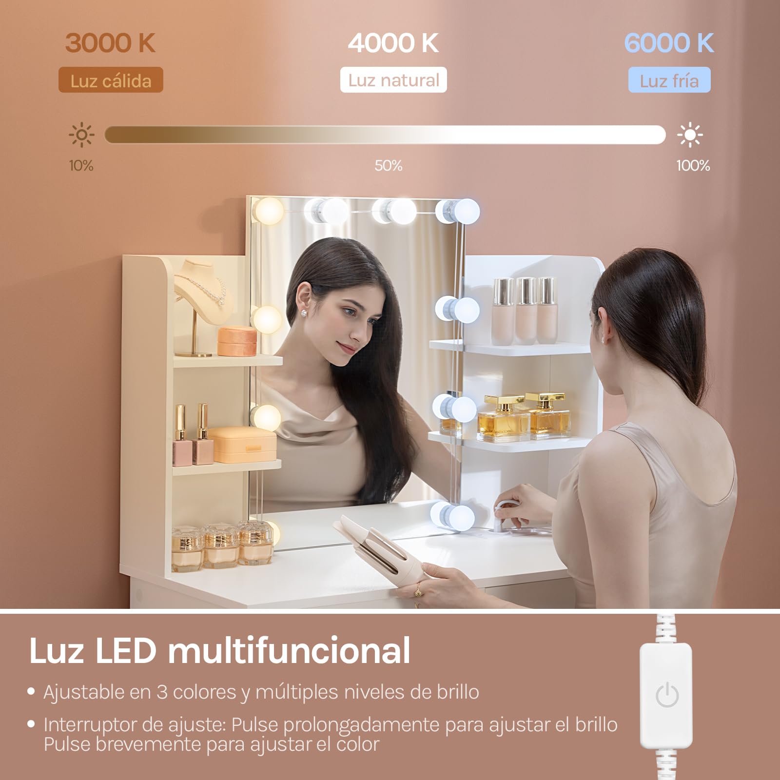WOLTU Tocador de Maquillaje con Espejo, Luz LED, Regleta de Enchufes, 2 Cajones y 4 Estantes, Ancho 90 cm, Mesa de Tocador Moderno para Dormitorio, Blanco, MB6123ws