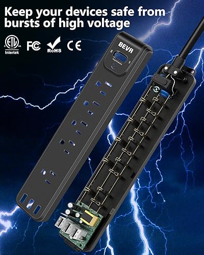 Miniatura 4 de Paquete de 2 tiras de alimentación con protector de sobretensiones, cable de extensión de 10 pies de largo con 5 tomas de corriente ampliamente