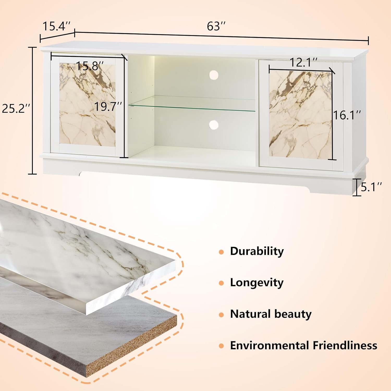 Cross-section view of the TV stand material layers, highlighting natural marble on top of engineered wood, with text indicating durability, longevity, natural beauty, and environmental friendliness.