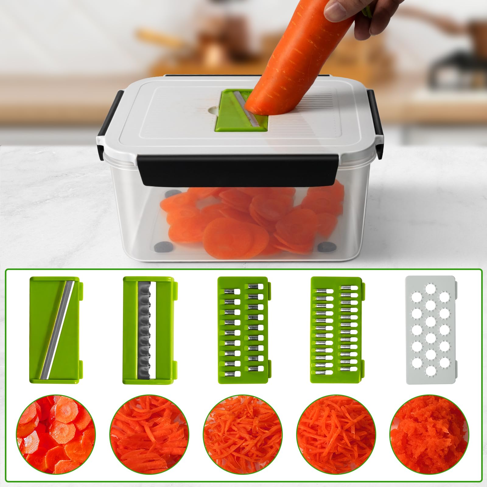 5 recipientes de almacenamiento de frutas para refrigerador con colador extraíble y juego de picador, recipientes de almacenamiento de alimentos a prueba de fugas con tapas, aptos para lavavajillas y