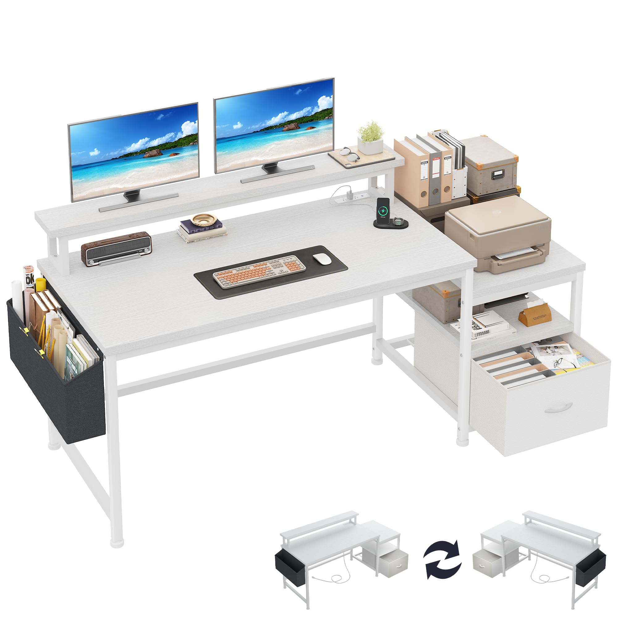 EnHomee 57" Office Desk with Drawers and Printer Space,Computer Desk with Power Outlets,Home Office Desks with File Drawers Cabinet,Study Writing and