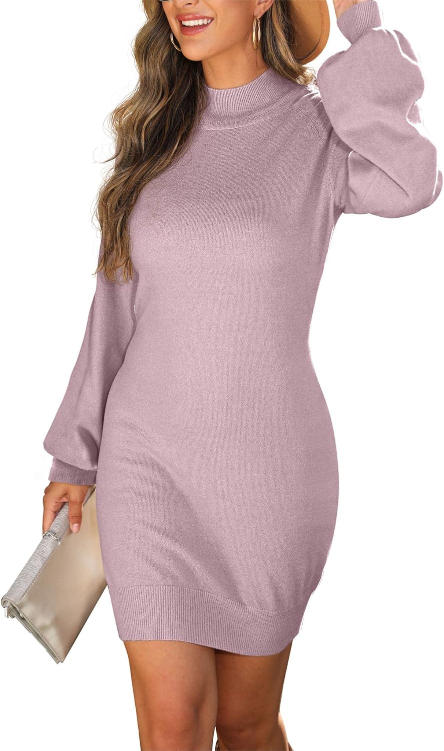 GRECERELLE 2026 Women's Mock Neck Ribbed Long Sleeve Bodycon Pullover Cute Mini Sweater Dress (XS-2XL) - Image 3
