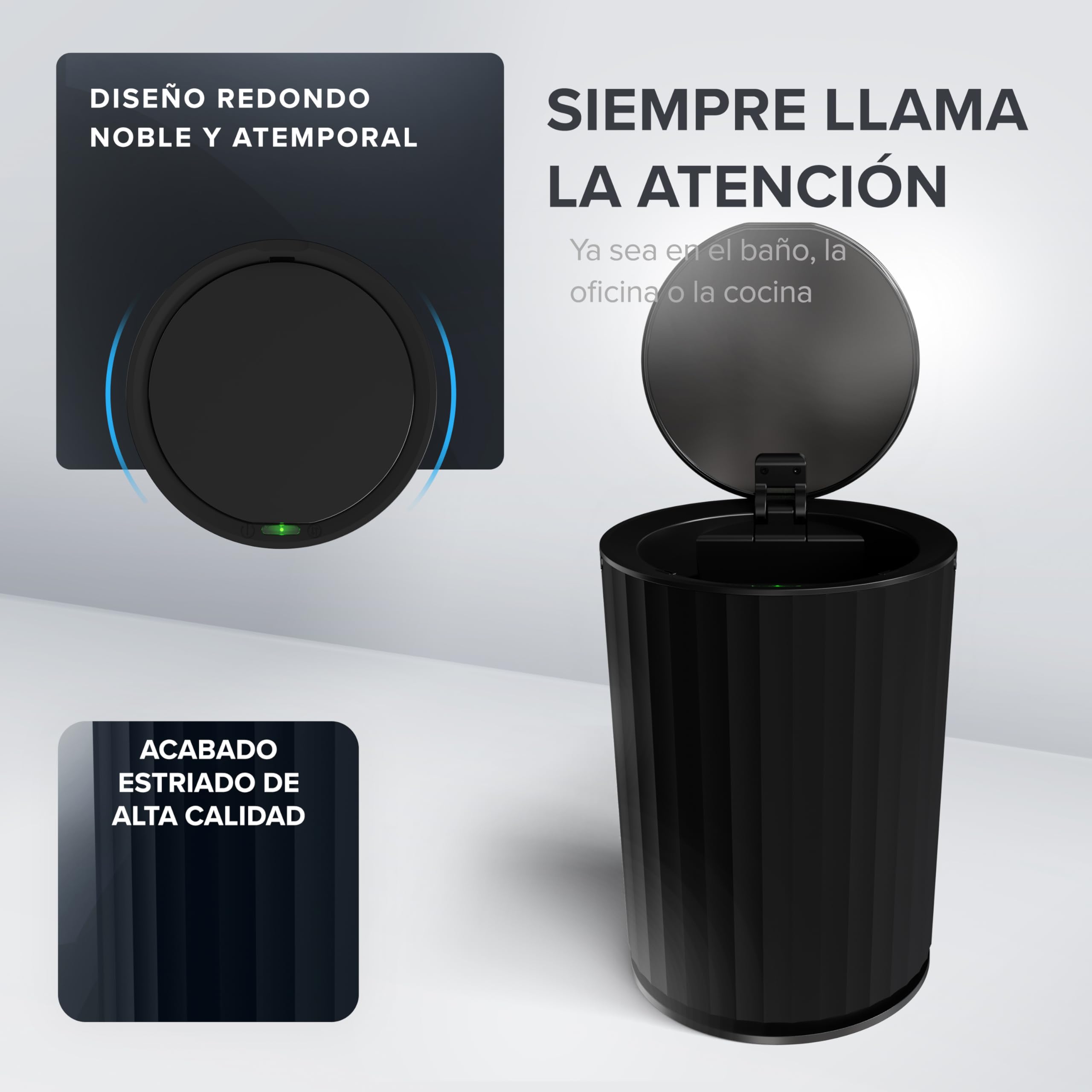 ovimar cubo de baño con sensor Senja | negro | cubo de basura con sensor | cubo de cosmética redondo | cubo con tapa | 7l (litros) | también como cubo de pañales | para el baño o la cocina