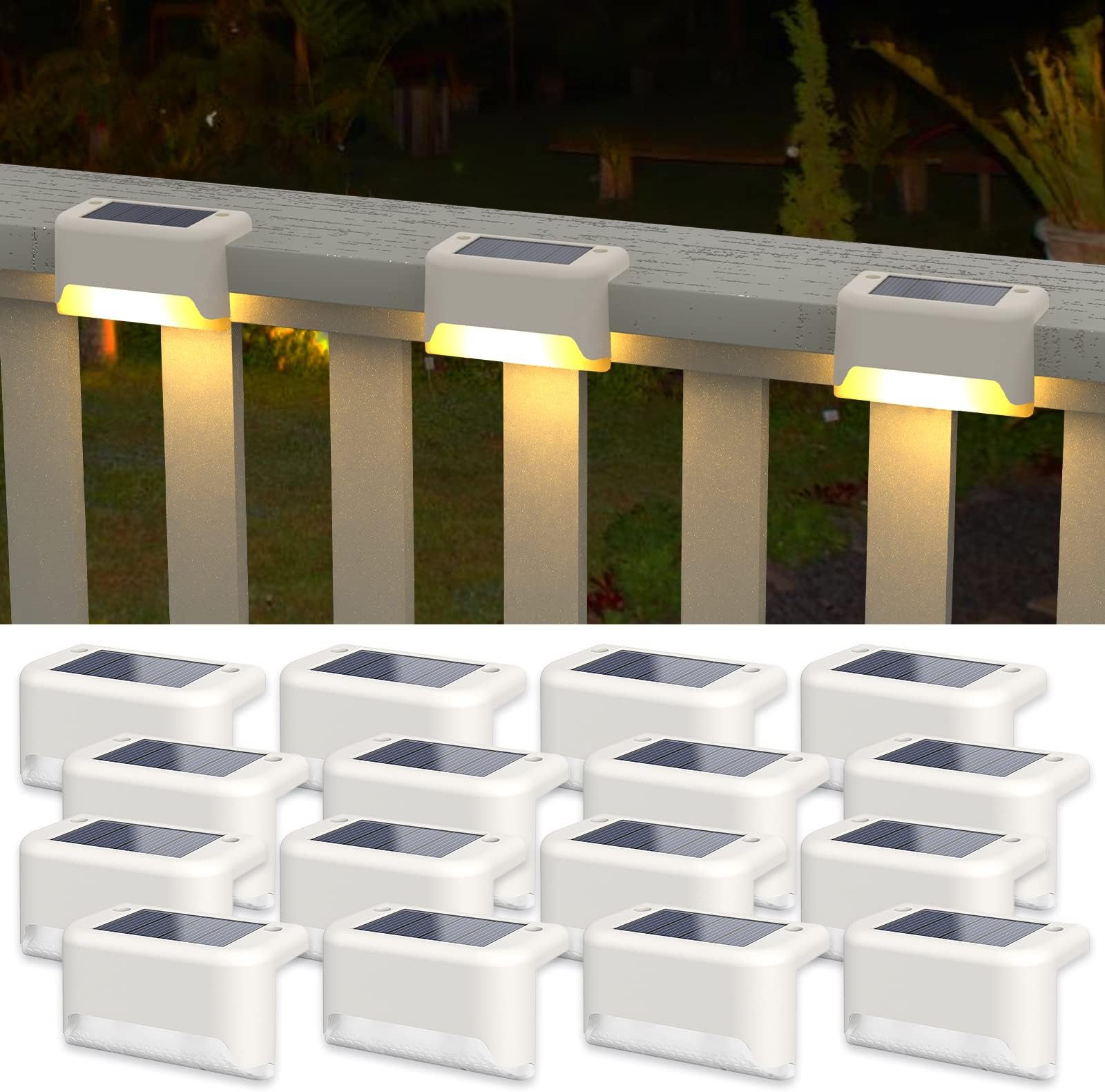 APONUO Solar Deck Lights 16 Pcs, Solar Step Lights Outdoor Waterproof Led Fence Light for Patio, Stairs, Garden Pathway (Warm White)