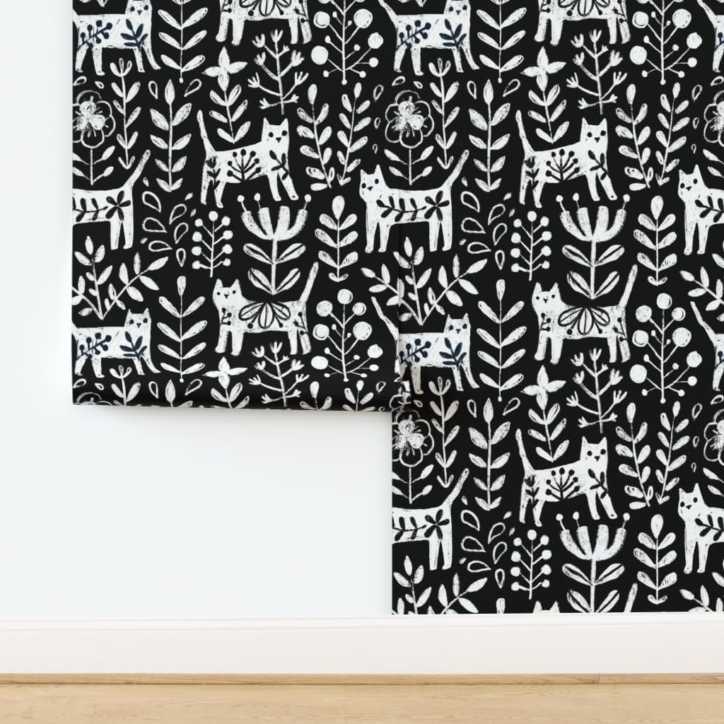 Removable Wallpaper 3ft x 2ft - Cat Black and White Floral Kitties Scandinavian Mod Vintage Style Custom Pre-Pasted Wallpaper by Spoonflower