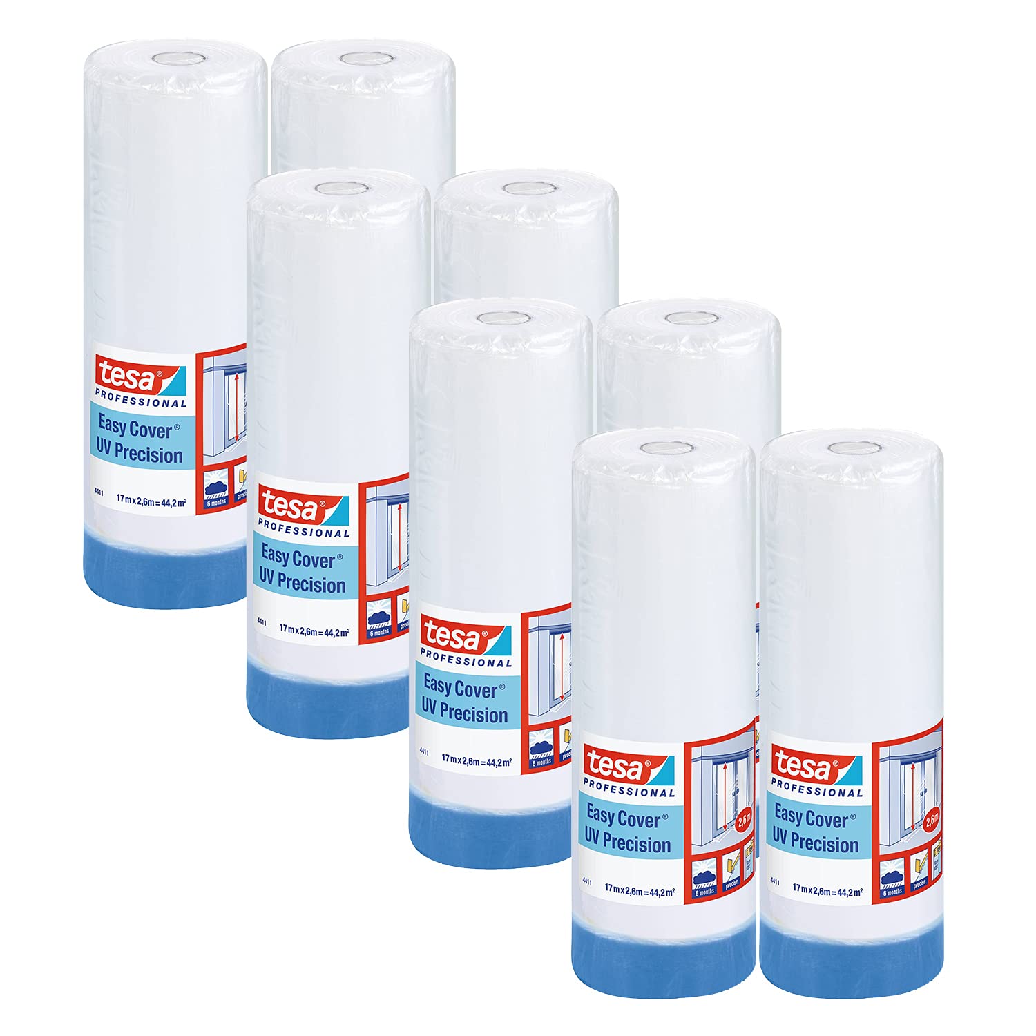 tesa Easy Cover 4411 UV Precision, Pack of 8, Painter's Film with Masking Tape for Masking and Covering