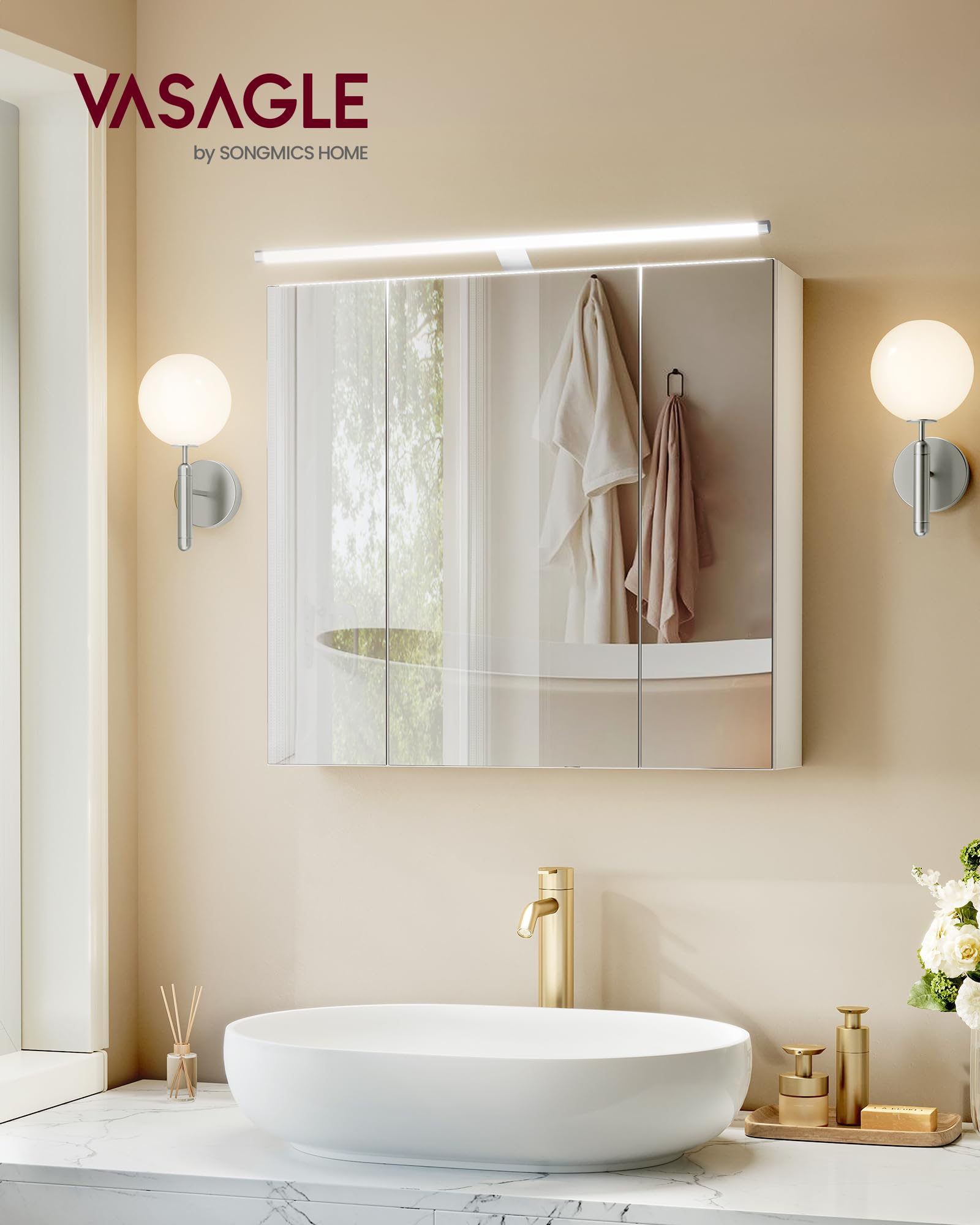 VASAGLE Kailyn Colección - Armario de Baño de Pared con 3 Puertas con Espejo e Iluminación, Estantes Ajustables, Estilo Moderno, 15 x 60 x 55 cm, Blanco Nube BBK138WB01