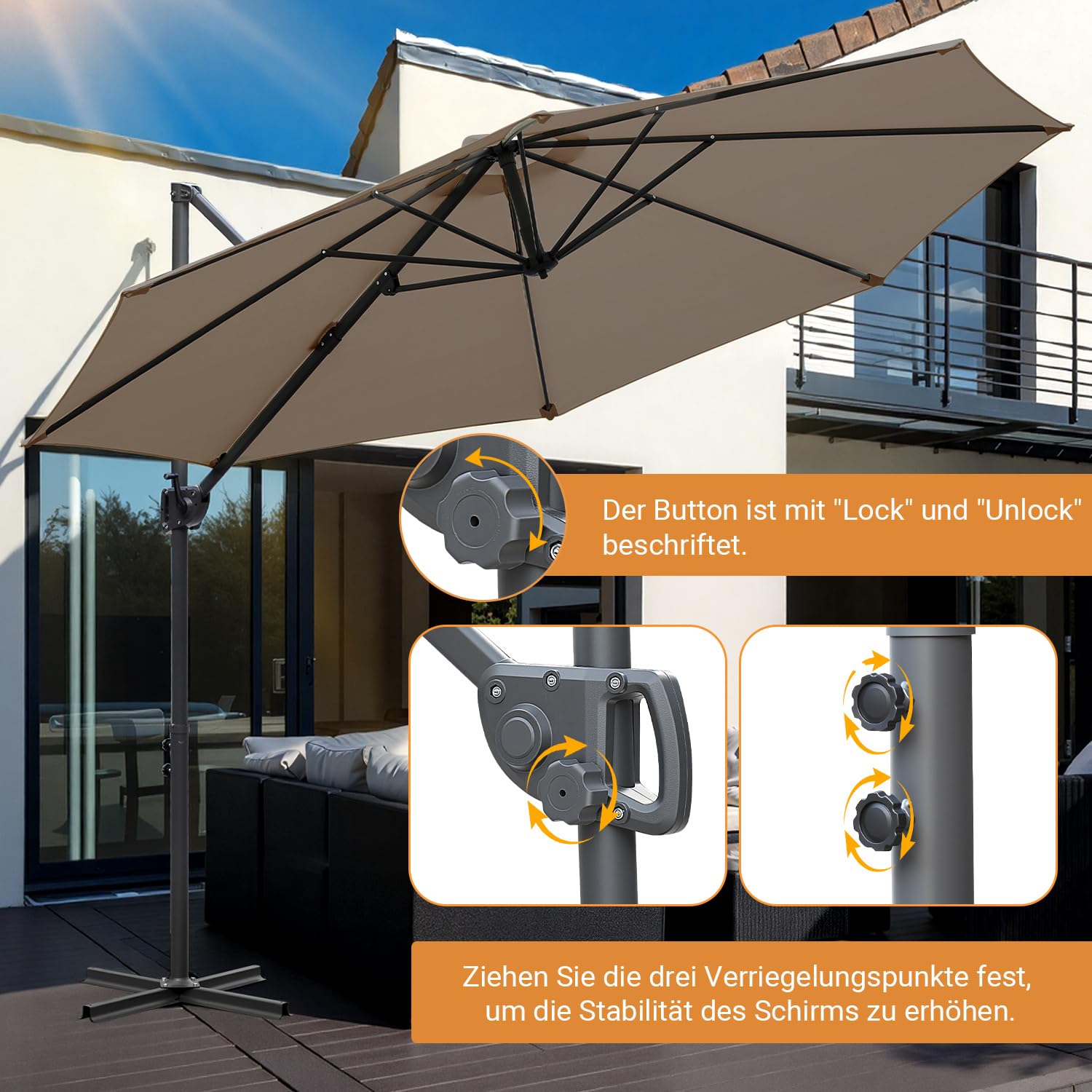 Sonnenschirm 300 cm Ampelschirm 3m, 360° drehbar, Gartenschirm mit Kurbel, 0-60° neigbar, UV50+, 8 Rippen, 48mm Mast, mit Kreuzfuß, optional mit Solar LED, Terrasse Garten