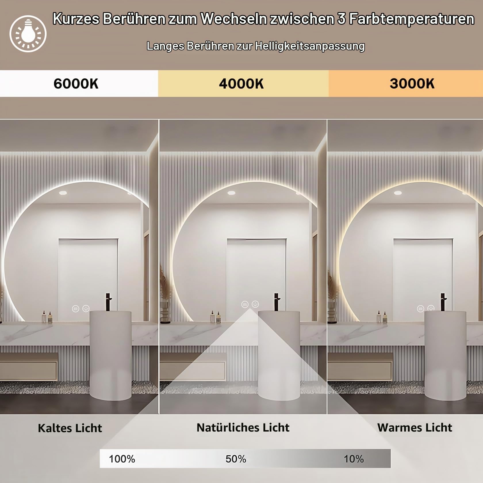 Spiegel Badezimmer Badspiegel mit Beleuchtung - LED Badezimmerspiegel Rund Wandspiegel Bad IP54 mit Touch-Schalter und Entfogger-Funktion 100cm Lichtspiegel Dimmbar 3000K-6500K(B, 100×100CM)