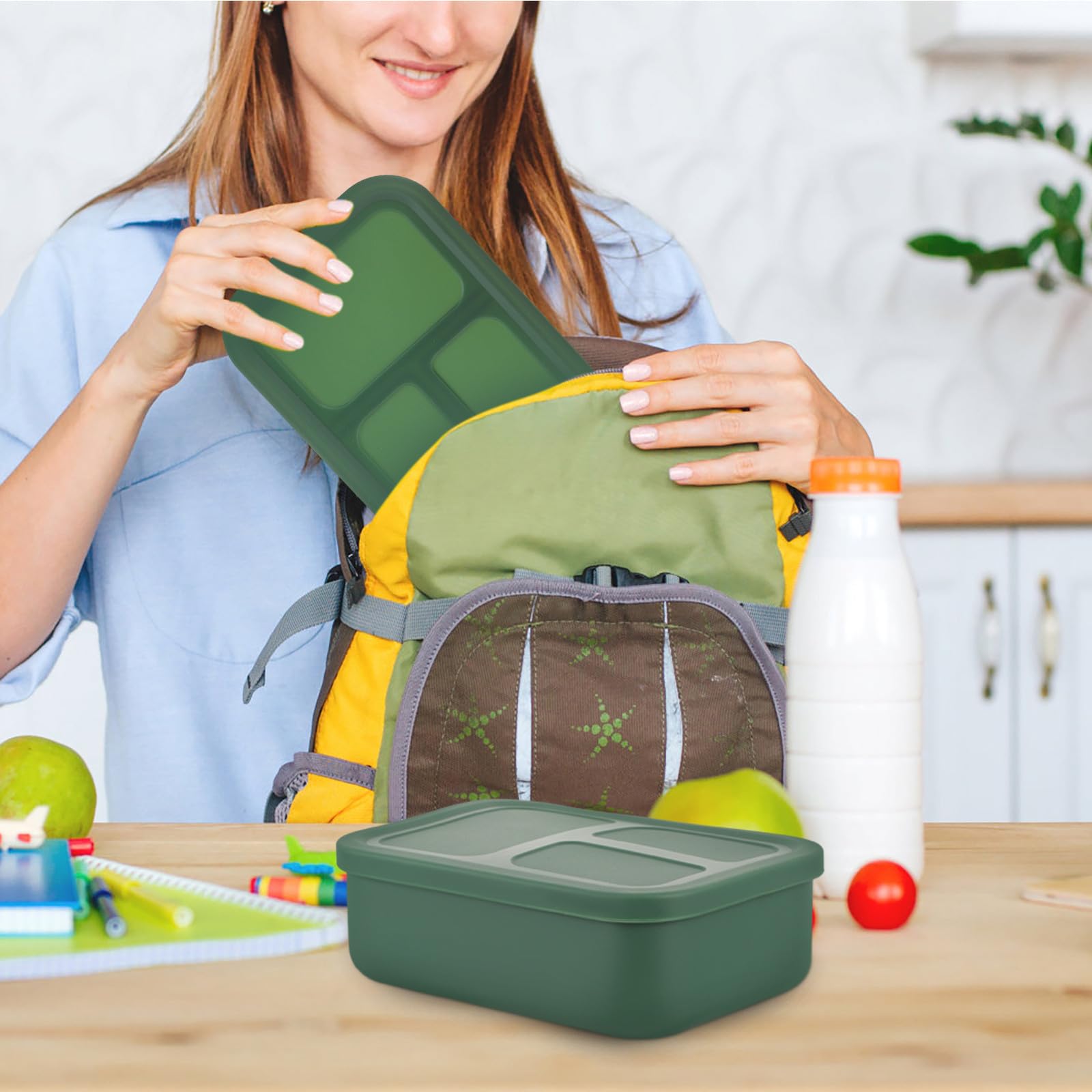 Fiambrera de Silicona Tapa Hermética y Compartimentos, Caja de Almuerzo 420ml Segura para Microondas y Diseño Práctico para Escuela y Trabajo